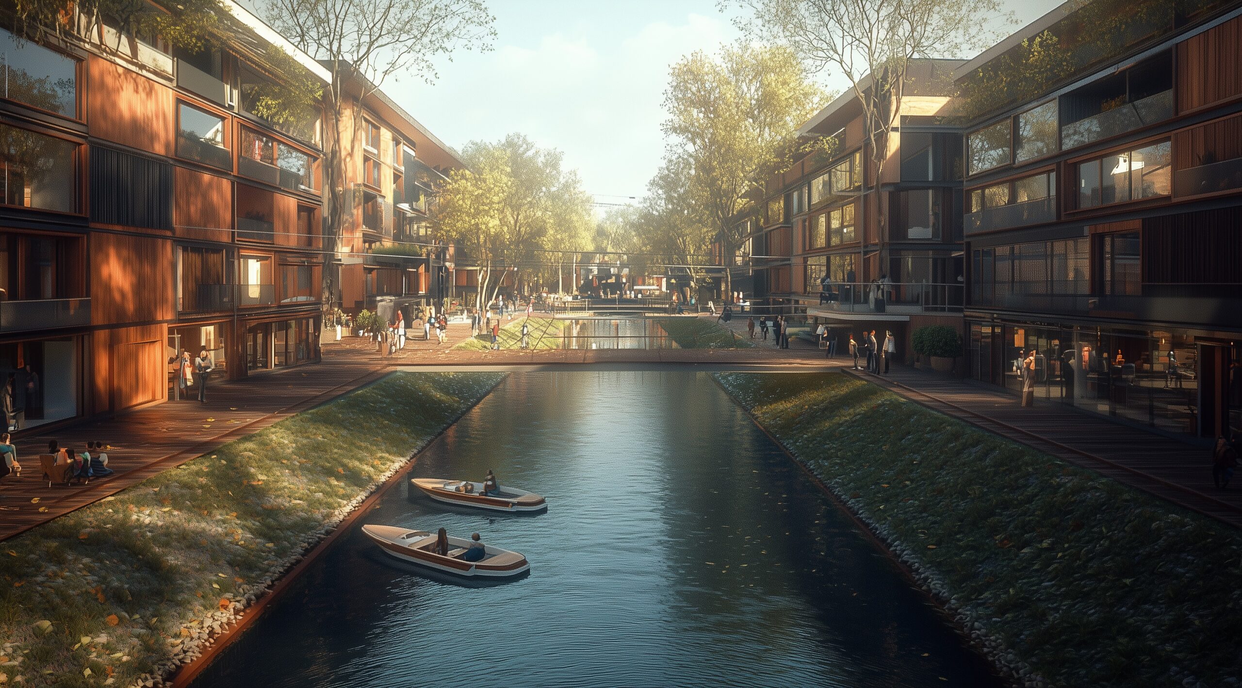 An award-winning photorealistic photo of an urban canal scene in Premnitz near Rathenow, a calm small waterway flowing through the center with small boats gently floating, to the right and to the left are tree-lined alleys with modern pedestrian streets on both sides, people walking, biking and sitting by the canal, modern architecture with a touch of nature integration, warm color grading and natural tones, a bridge with many people on it in the center of the Photo --ar 206:115 --style raw --dref https://s.mj.run/ndbqhr7BS7I --stylize 500 --v 6.1 Job ID: 9a307d0c-f2f4-49a0-b1e5-ca5538412421